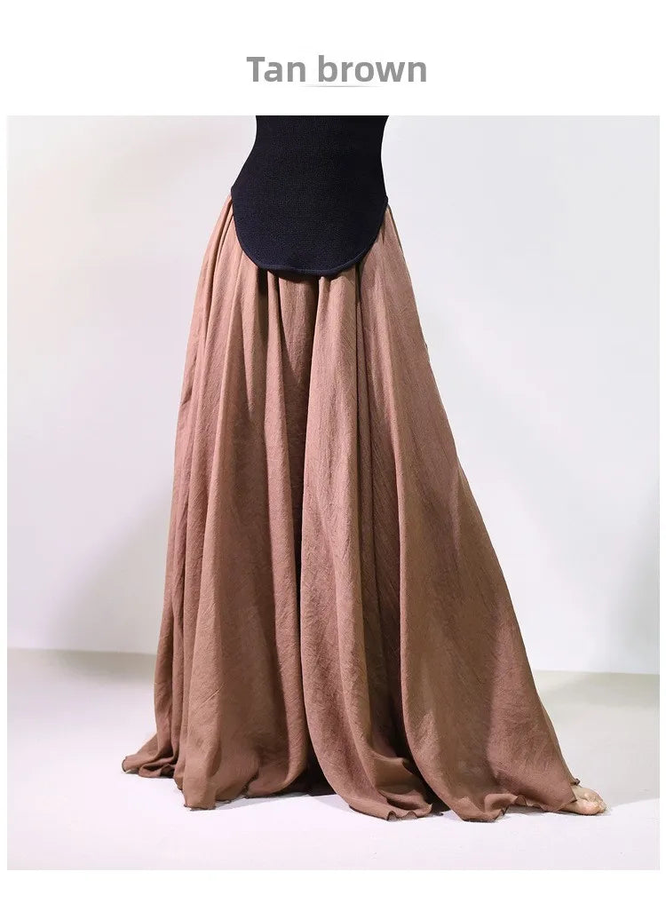 New In 2026 Spring Summer Woman Cotton Linen Midi Skirt Solid Color Loose Flared Pleated A-line Skirt Female Sweet Elegant Skirt