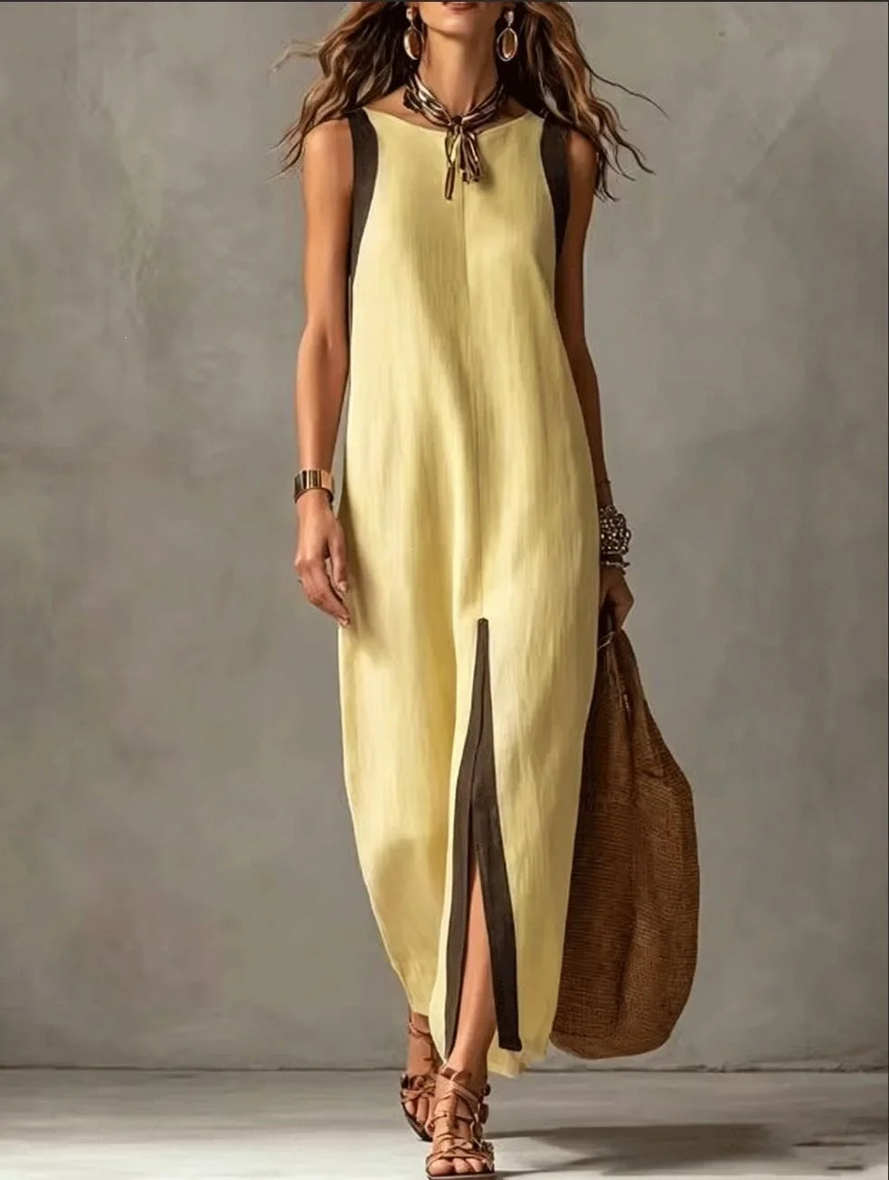 Boho Asymmetrical Hem Maxi Dress Front Slit Contrast Trim Summer New Woman Dresses Casual Sleeveless Round Neck Loose Dresses