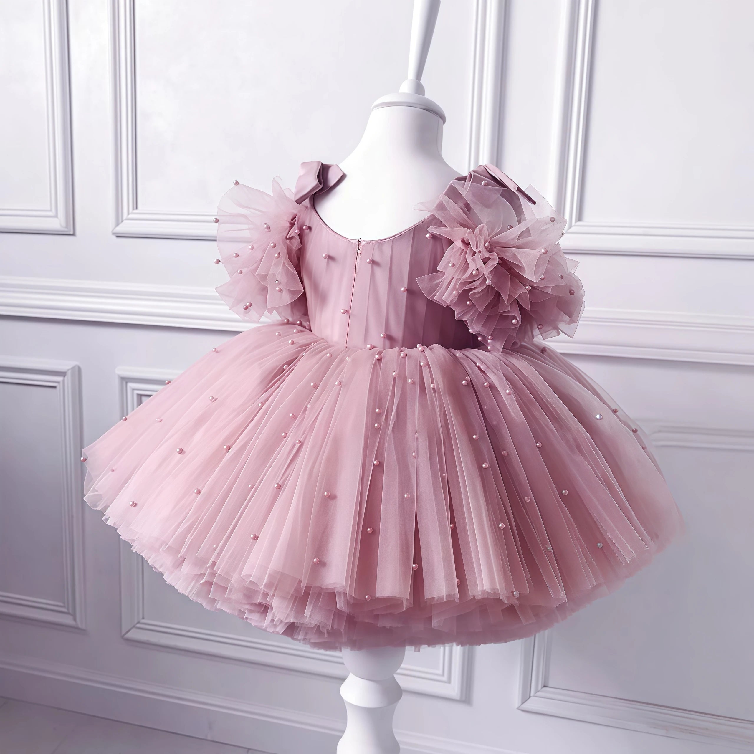 Flower Girls Elegant Cute Bow Pearls Tulle Princess Dress For Toddler Kids Formal Birthday Party Wedding Prom Pageant Puffy Gown