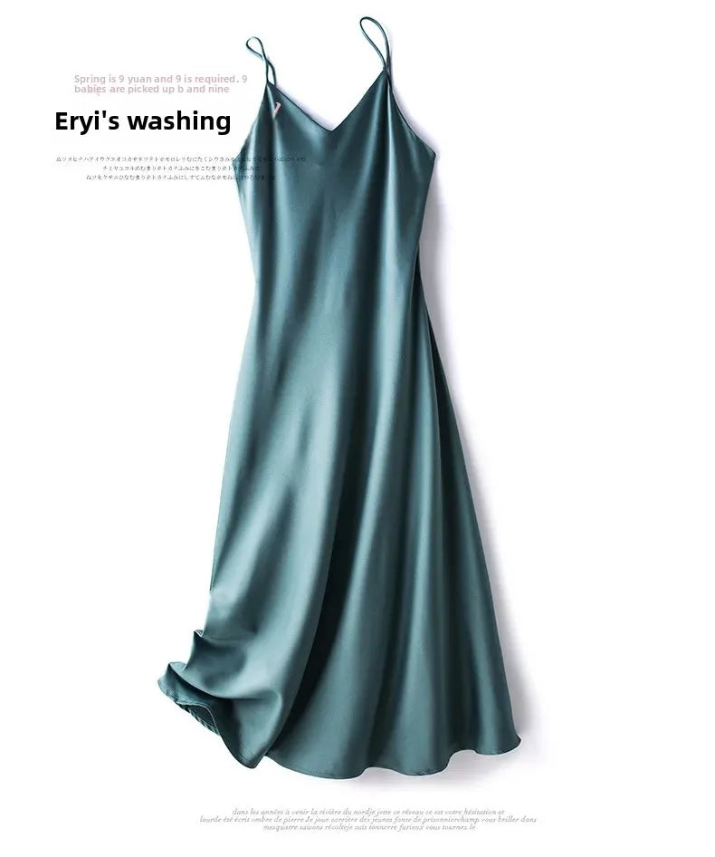 Silk Satin Wrap Dress Women's Base Fashion Spring Summer Beach Holiday Long Dress V-neck Sleeveless Empire Waist Ankle-length