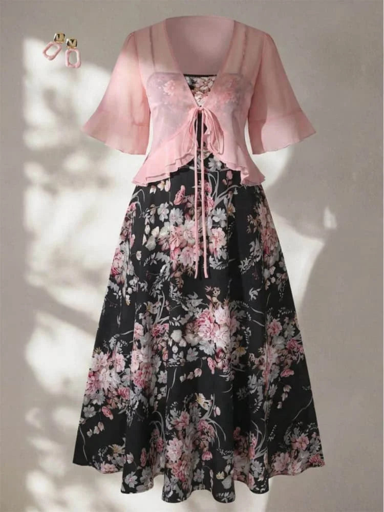 Plus Size Short Sleeve Tie Front Cardigan + Spaghetti Strap Midi Dress Matching Outfit Set For Women Floral Print A Line Dress Elegant Party Dating Commute Daily Fashion Outfit