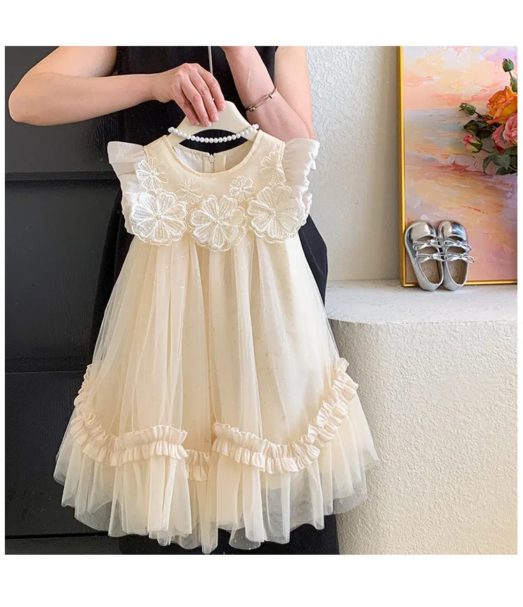 New Summer Kids Girls Lace Tulle Dress Fly Sleeve Ruffle Mesh Princess Gown Wedding Flower Girl Birthday Costume YF900