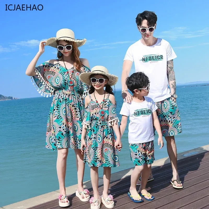 2025 Elegant Floral Girls Dress Family Matching Summer Outfit Off-Shoulder Midi Boho Dress Boys Set Fashionable Beach Vacation