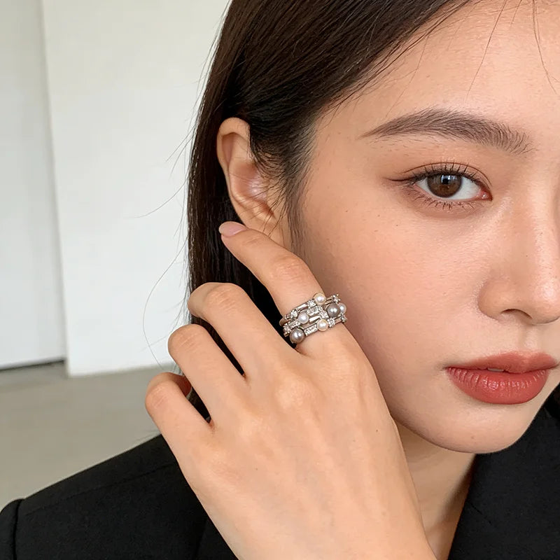 Cold Wind Imitation Pearl Zircon with Multi Layer Metal Open Rings 2026 Gothic Girl's Trendy Jewelry Luxury Jewelry For Women
