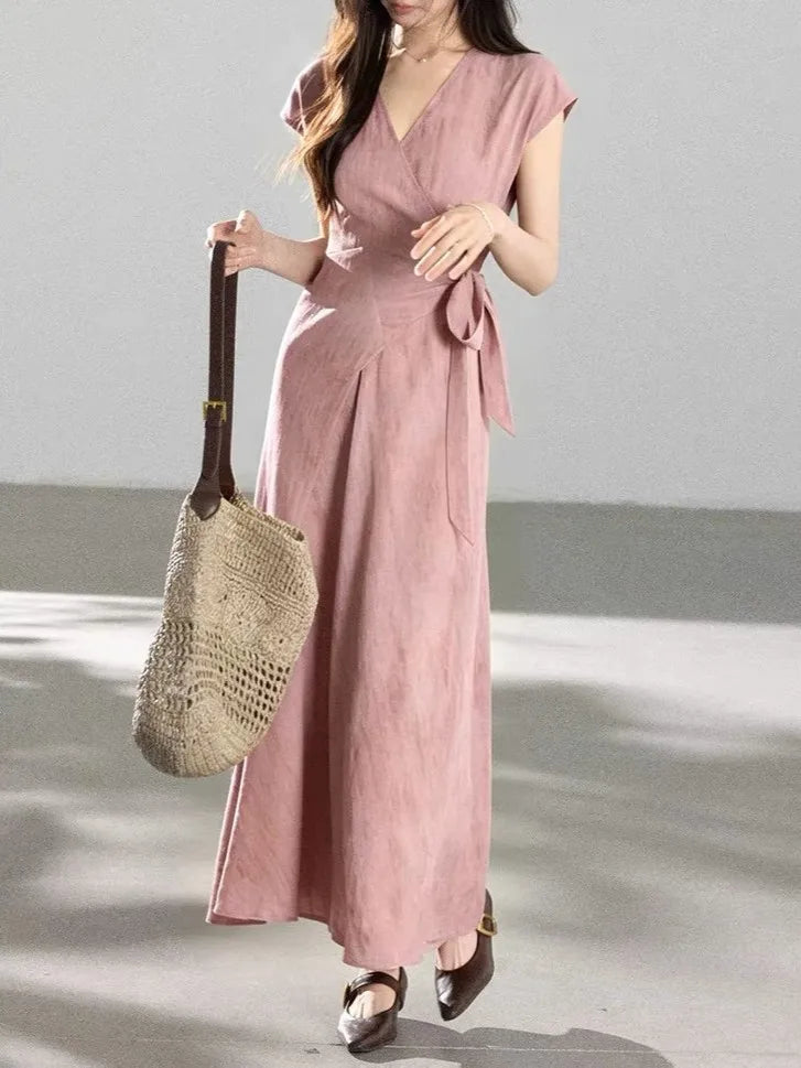 Purple Gradient V-neck Short-sleeved Uneven Hem Dress High Waist Crossed Belt Design Polyester Casual Long Dress
