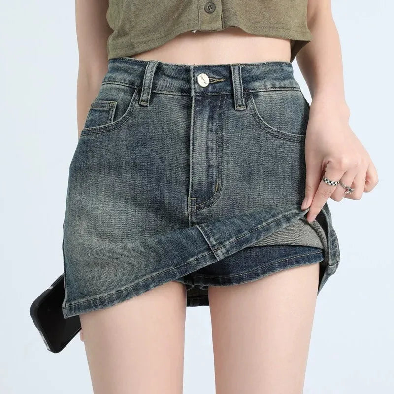 Women's High-Waist A-Line Denim Skirt - Plus Size Short Skirt