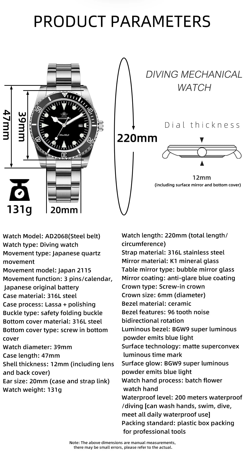 ADDIESDIVE Men's Diving Watch Stainless Steel Ceramic Bezel Quartz Watch Men's BGW9 Luminous 200m Waterproof  Men's Watch