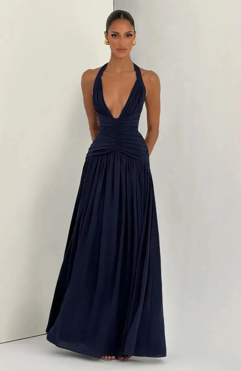 Elegant Strapless Ruched Maxi Dress Sexy Backless Lace Up Cinched Waist Slit Draped Bodycon Dresses Cocktail Party Evening Gown