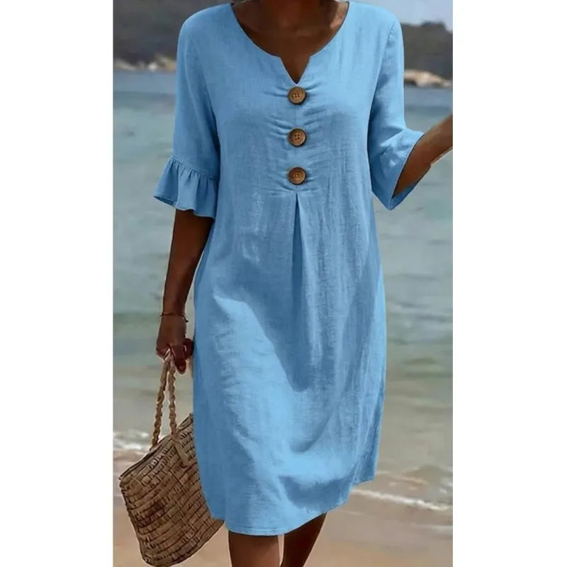 Simple Casual Women's Solid Color Midi Dress V Neck Button 3/4 Sleeve Loose 2026 New Summer Beach Vacation Dresses With Pockets