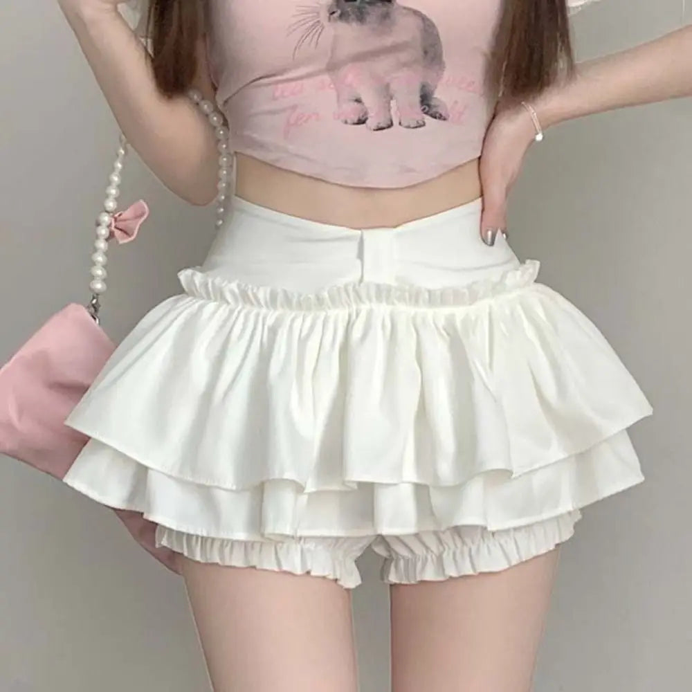 Sweet Double Layered Mini Cake Skirts A-line Ruffle High Waisted Pleated Skirt Korean Style Ball Gown Shorts Mini Skirt Cosplay