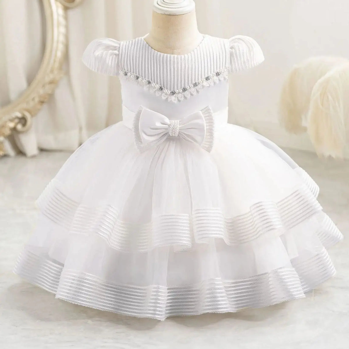 HETISO Striped Wedding Party Dress for Girls Baby Christmas Holiday Layered Gown Toddler Kids Beaded Clothing 6M-4 Years