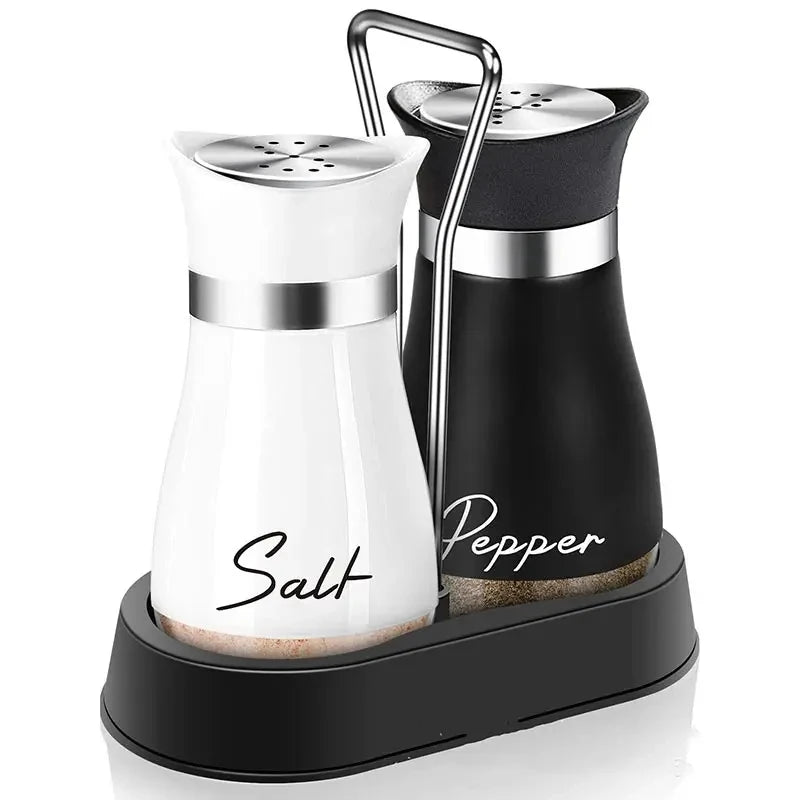 Botella de cristal para especias de cocina, juego de 2 molinillos de sal y pimienta recargables ajustables con estante, dispensador de especias con orificios para verter