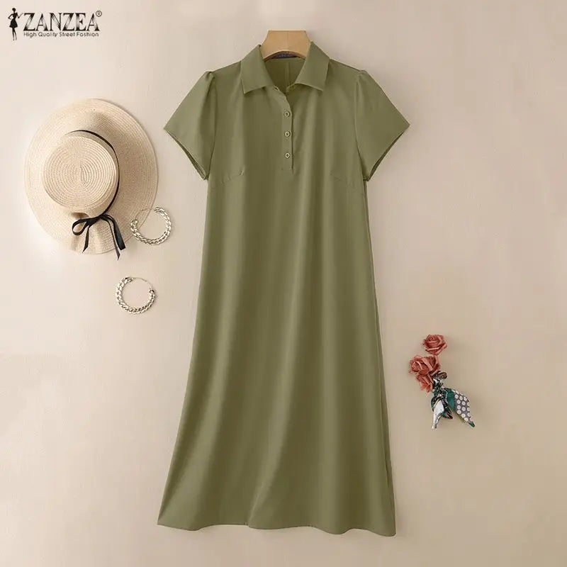 ZANZEA Women's Casual Midi Shirt Dress - Short Sleeve A-Line Solid