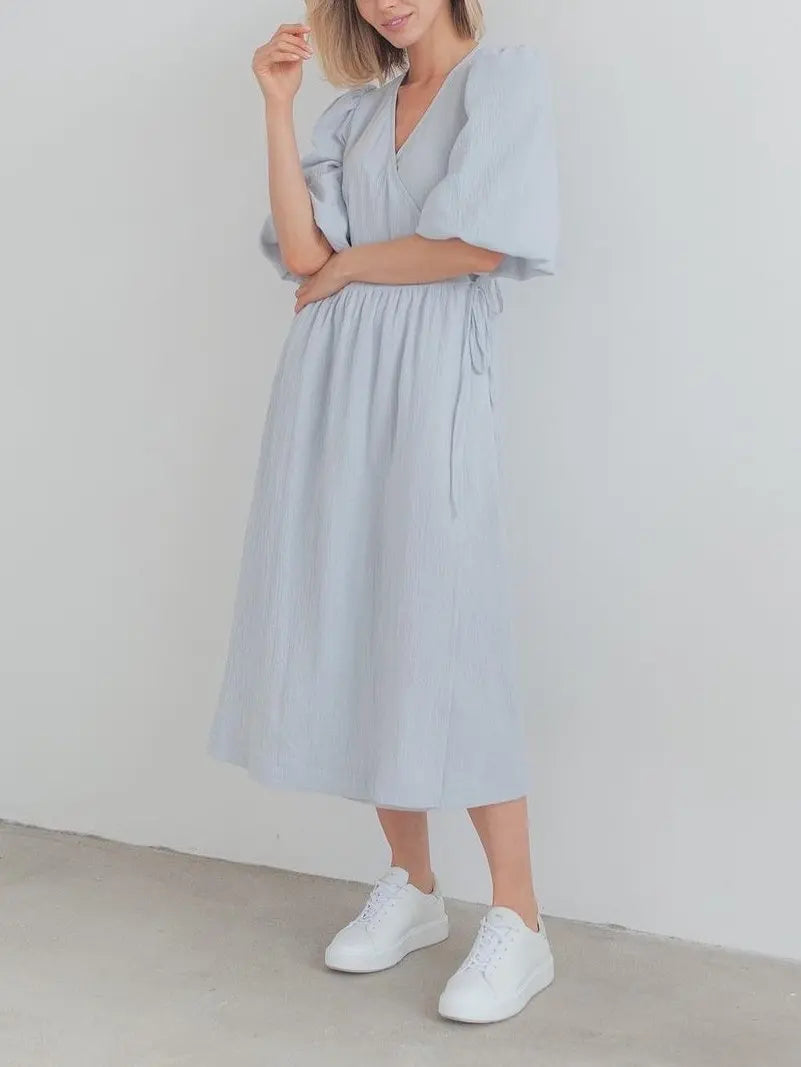 Long Dress Women Dresses Vestidos Lace Up V Neck Puff Sleeve Solid High Waist Female A Line Office Lady Summer 2025 Maxi Gown