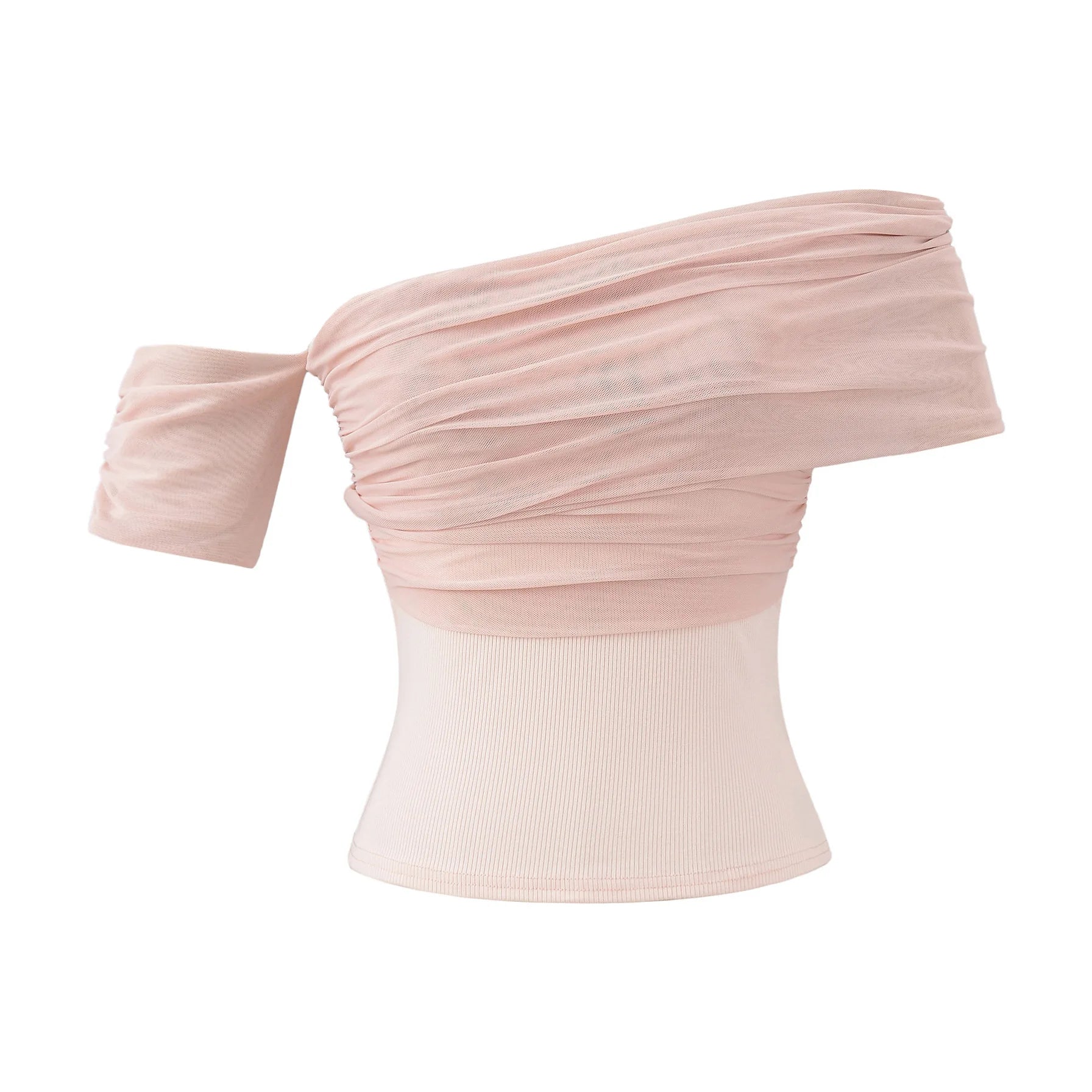 Design Sensation Shoulder Bared Short Sleeve T Shirt Women 2025 Summer Style Elegant Spicy Net Splicing Slim Fit Top