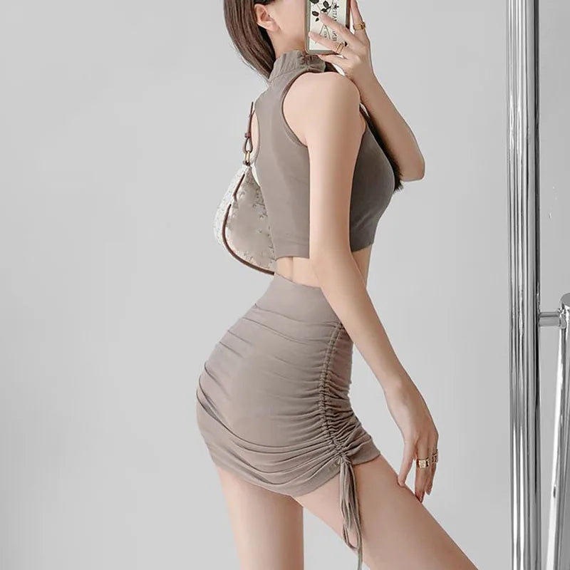 Xpqbb Women Summer Mini Skirts Drawstring Sexy High Waist Wrapped Hip Skirt Female Wild Solid Folds Slim Elastic Shorts Skirts