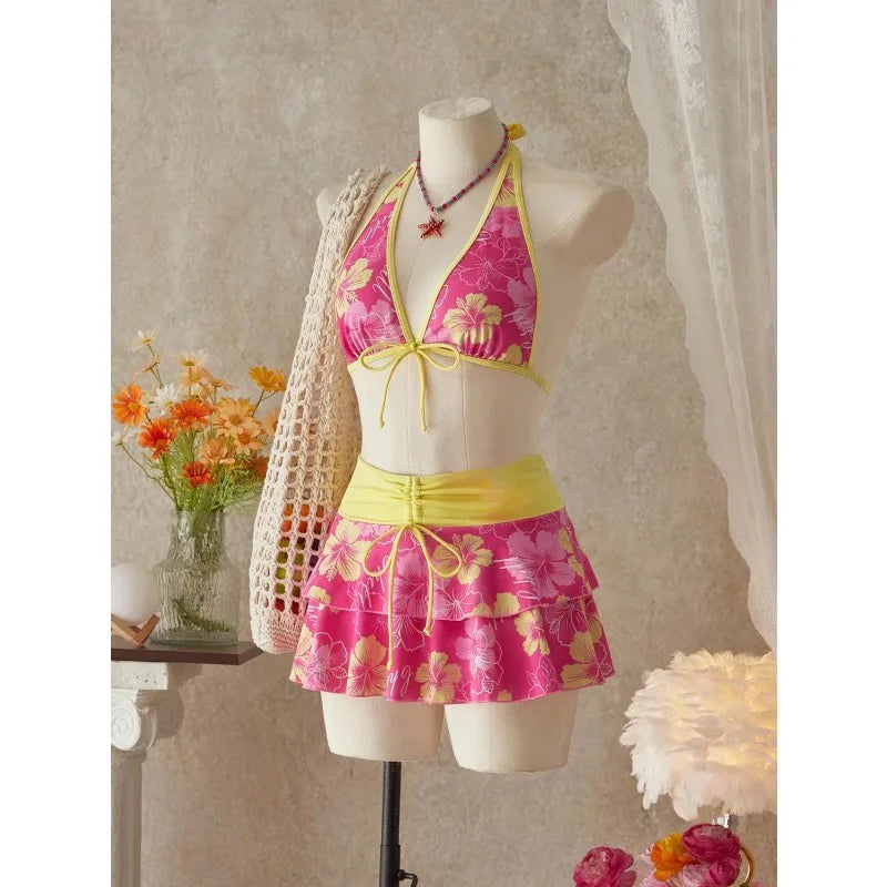 Elegant Floral Color Block Swimsuit Women Triangle Halter High-Waist Bikini Set Cover Up Skirt 2026 New Micro Bikini Three-Piece