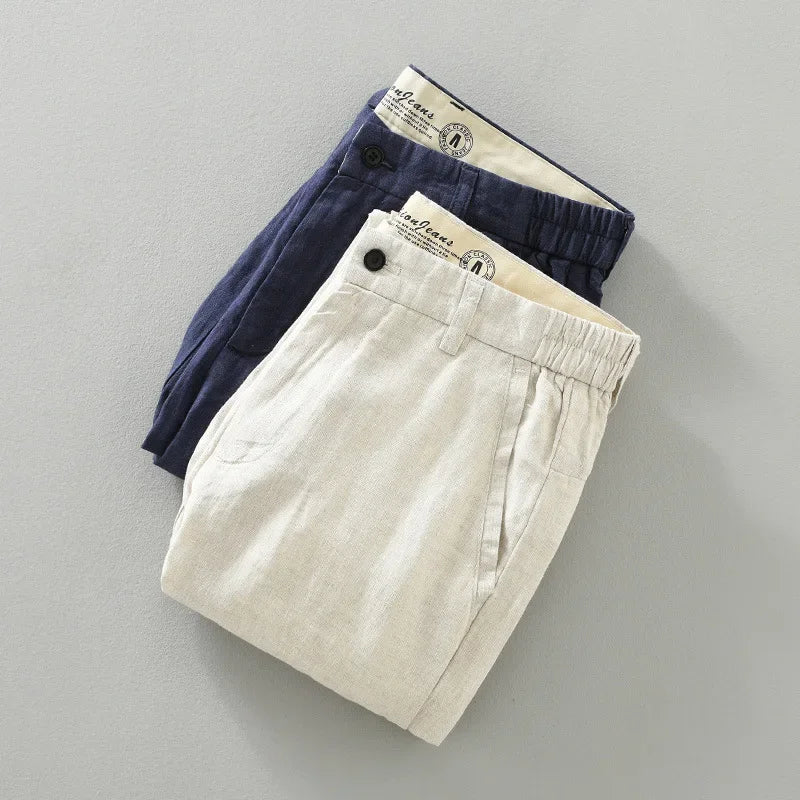 2025 Summer New Breathable Pure Linen Casual Pants for Men Clothing Slim Streetwear Men Ankle-length Pants EC1333