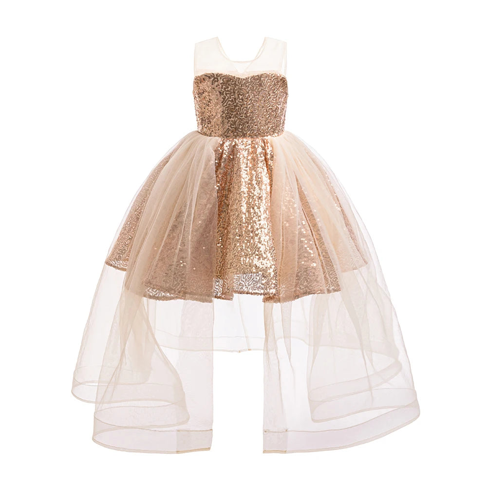 HETISO Fashion Girls Sequin Princess Dress Tulle Sleeveless Banquet High end Lace Evening Ball Gown for Kids Child 2-6 Years