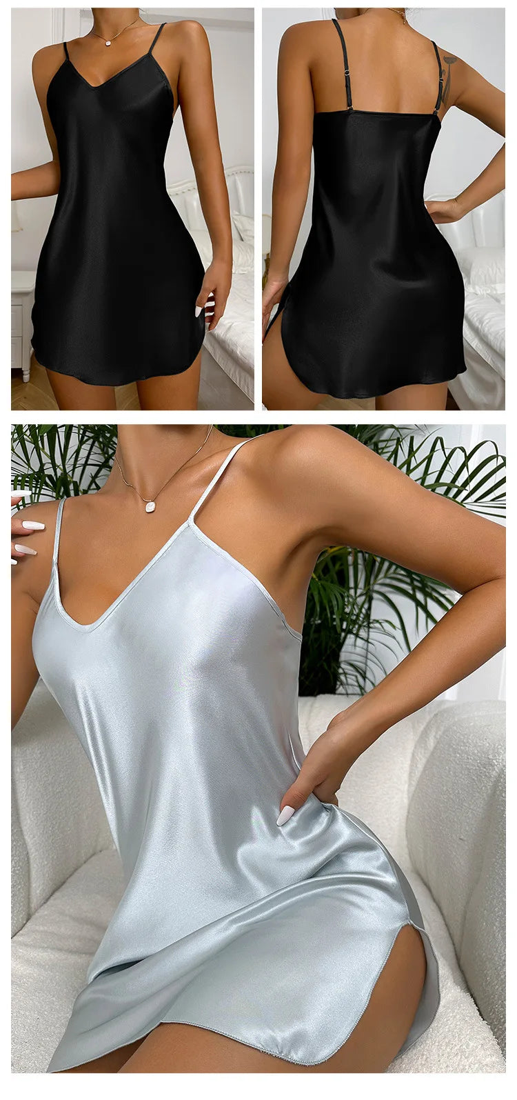 Sexy Lace Satin Silk Mini Dress Women Nightdress Sleepwear Cross Strap Pile Pile Collar Slip Backless Night Dress Pajamas