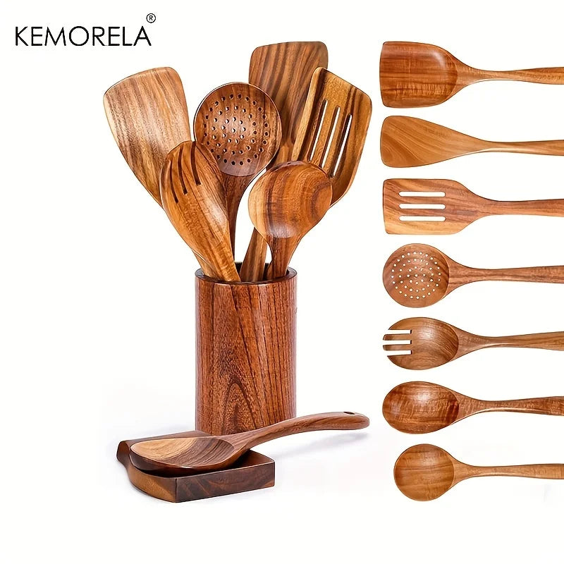 Cucharas de madera para cocinar de 9 piezas, utensilios de madera para cocinar con soporte para utensilios, juego de utensilios de cocina de madera de teca