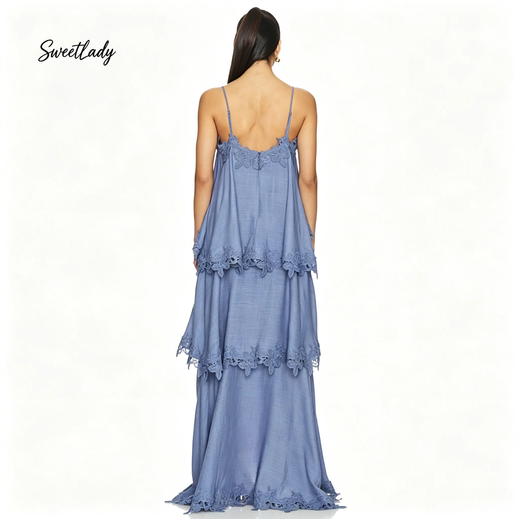 SweetLady Blue Spaghetti Strap Tiered Lace Trim Maxi Gown, Flowy Boho Layered Long Dress for Summer Holiday Bridesmaid