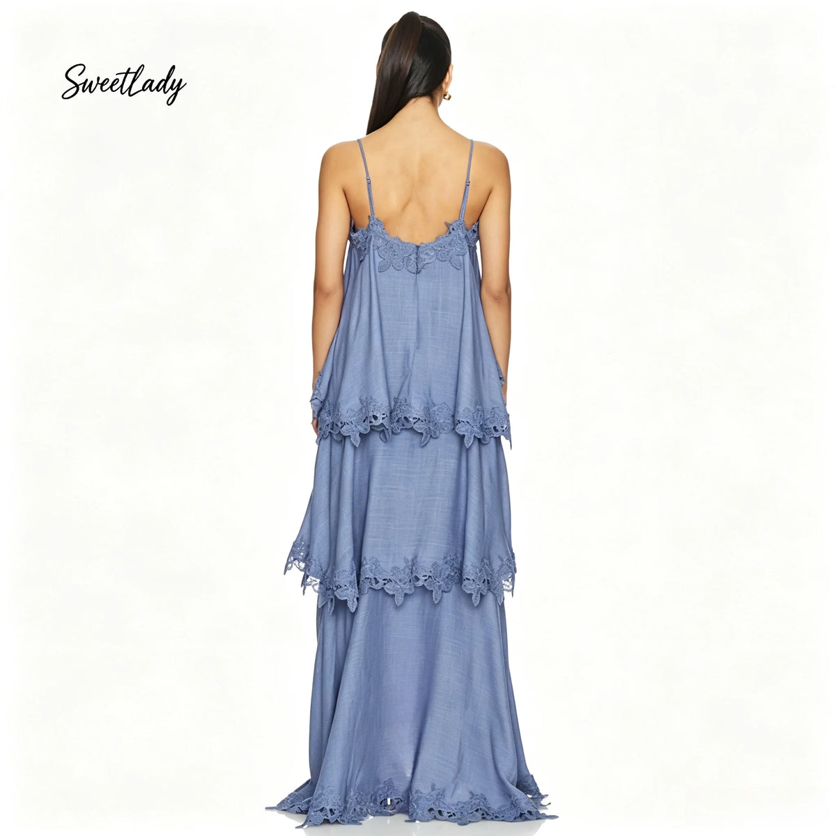 SweetLady Blue Spaghetti Strap Tiered Lace Trim Maxi Gown, Flowy Boho Layered Long Dress for Summer Holiday Bridesmaid