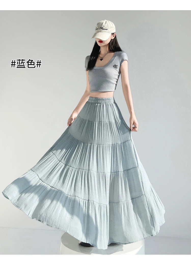 linen patchwork skirt for women in summer, high waist, medium length cake skirt, elegant umbrella skirt, slimming long skirt