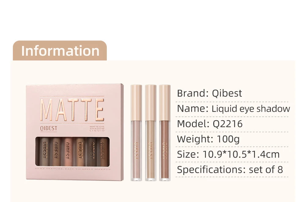 QIBEST 8 Colors Matte Liquid Eyeshadow Set Waterproof Long Lasting Eye Shadow Nude Brown Eye Pigment Makeup For Women Contouring