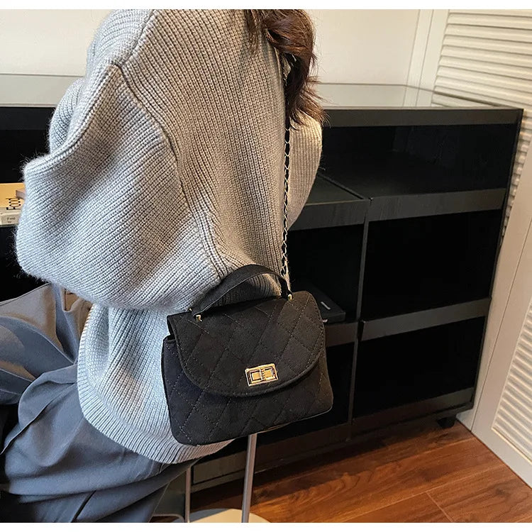 Diamond Grid Chain Crossbody Bag One Shoulder Purse Trendy Flip Top Clutch Women's Fashion Suede Leather Casual Shoulder Bag