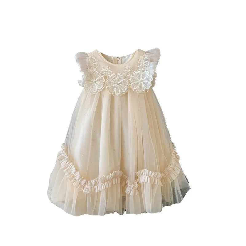 New Summer Kids Girls Lace Tulle Dress Fly Sleeve Ruffle Mesh Princess Gown Wedding Flower Girl Birthday Costume YF900