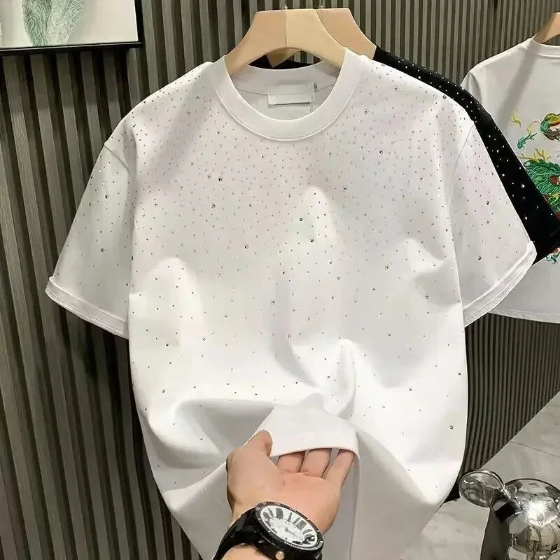 Summer Men Clothing Summer Rhinestone Rivet T-Shirt Round Neck Casual T-Shirt Korean Version Men'S Short Sleeves Tee
