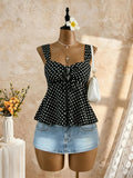 Women White Eyelet Lace Cami Top Casual Ruched Tie Front Peplum Sleeveless Camisole
