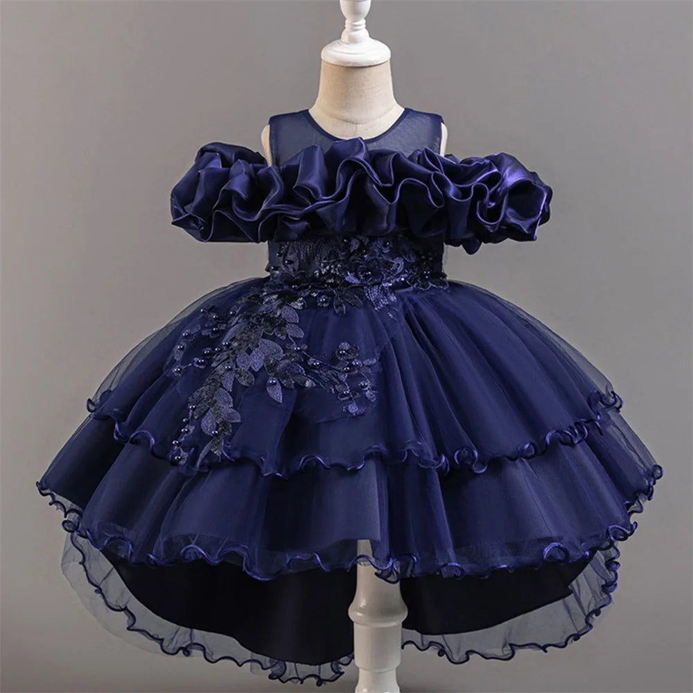 Fashion Pink Flower Girl Party Dresses Wedding Birthday Tulle Princess Dress for Kids Graduation Pageant Bridesmaid Kids Costume