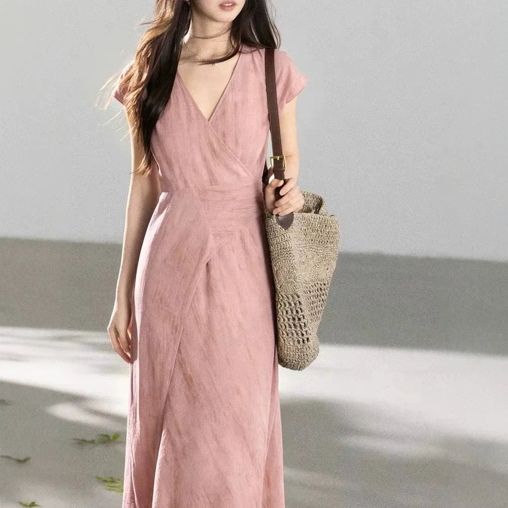 Purple Gradient V-neck Short-sleeved Uneven Hem Dress High Waist Crossed Belt Design Polyester Casual Long Dress