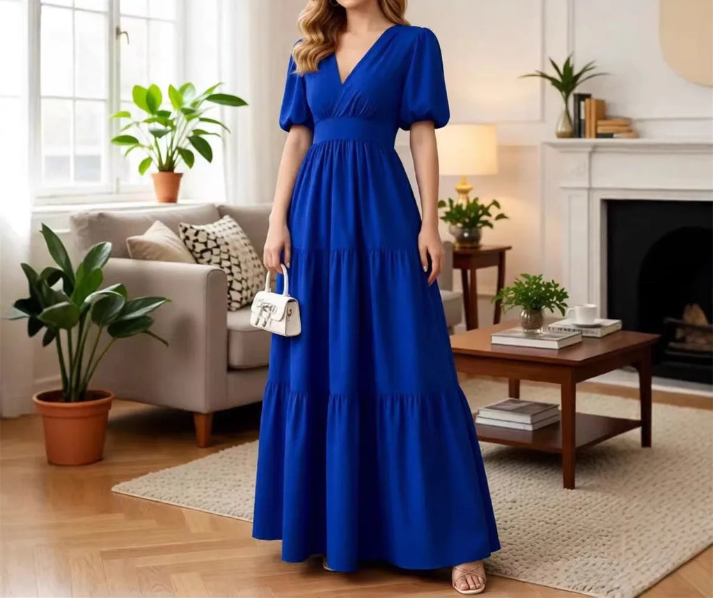 New Spring/Summer Fashion Casual Short Sleeve V-neck Solid Color Slim Fit Ankle Length Patchwork Fit And Flare Dress,2 Colors