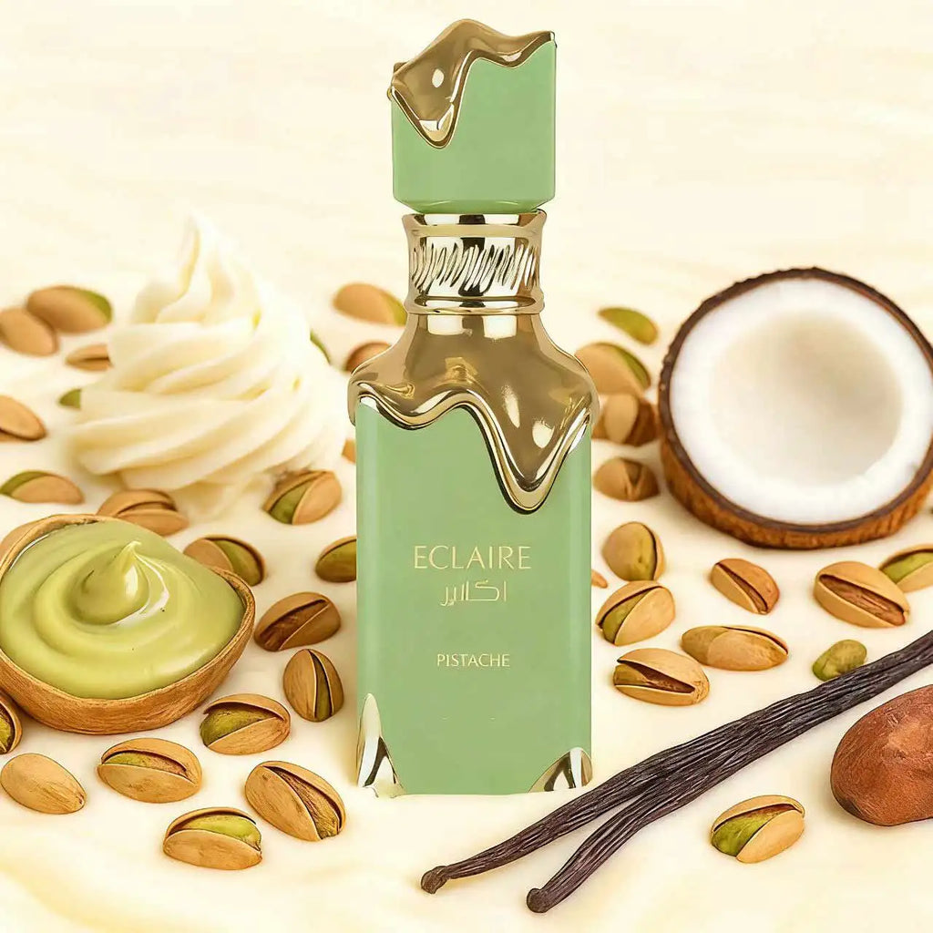 Eclaire Pistache Perfume IInspired By French Pistachio Eclair. Fresh Nut‑milky Sscent With Mellow Sweetness. Green‑gold Dripping Bottle, Not Cloying, Delivers Soft And Comforting Gourmand Fragrance Experience.