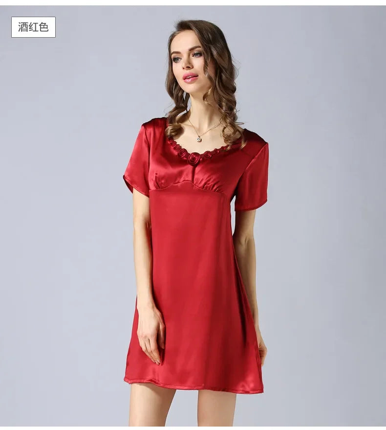 Women's 2023 Spring/Autumn Silk Pajamas 100%Natural Mulberry Silk Short Sleeved Nightdress Noble Silk Home Clothes Pajamas