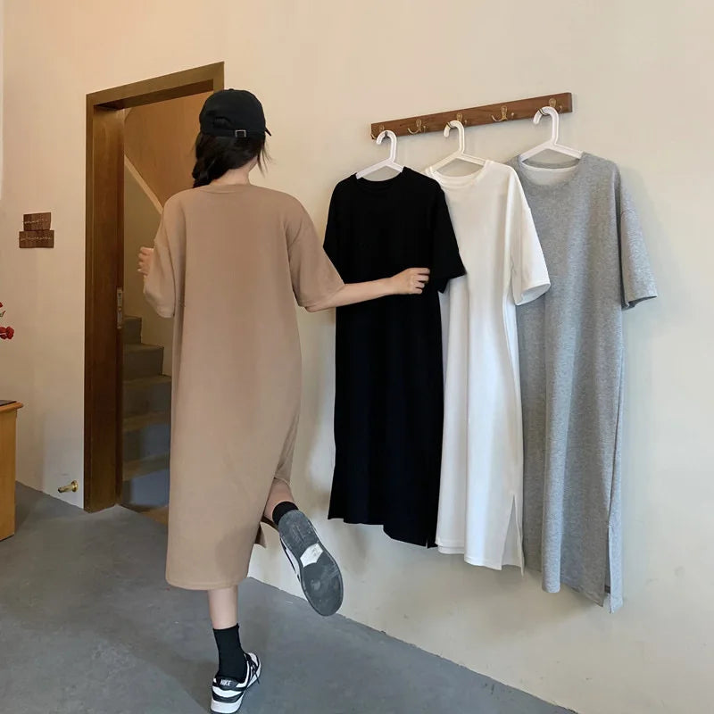 Women's Summer Plus Size Casual Dress 2026 New Loose Solid Color Knee Length Split Hem T Shirt Dress