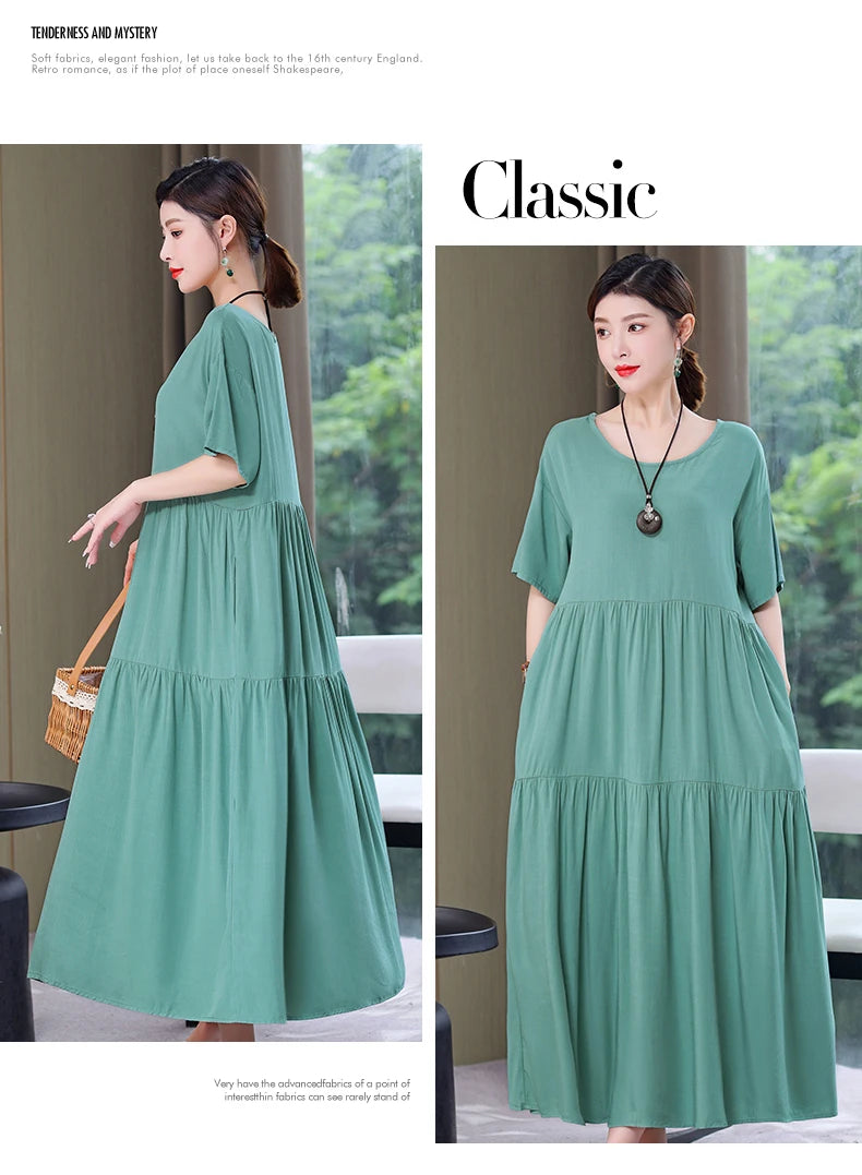 New Fashion 2023 Causal Summer Dresses For Women Loose Solid Long O-neck Dress Vintage Short Sleeve Womens Clothing