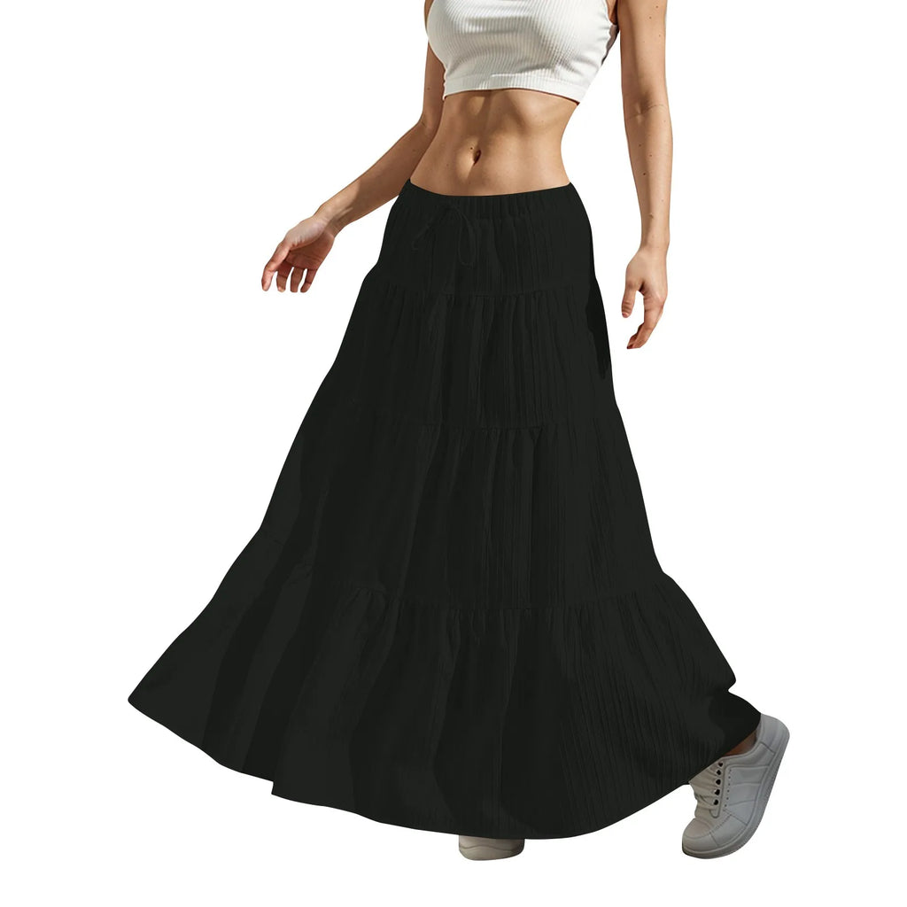 Women's Flared Ruffle Hem Maxi Skirt Fashion Women Solid Long Skirts Elastic Waist Elegant Long Skirt Spring Summer Cake Dress