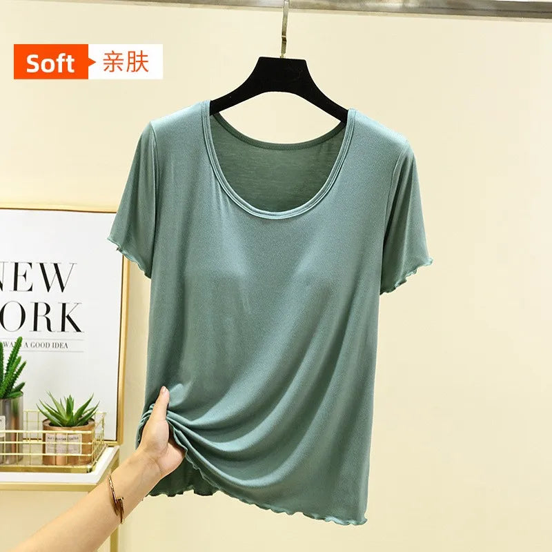 Modal No- Bra T-Shirt One-Piece Short Sleeve Women Summer Wear Casual Solid Color Base Layer Outdoor Wear round Neck T-Shirt
