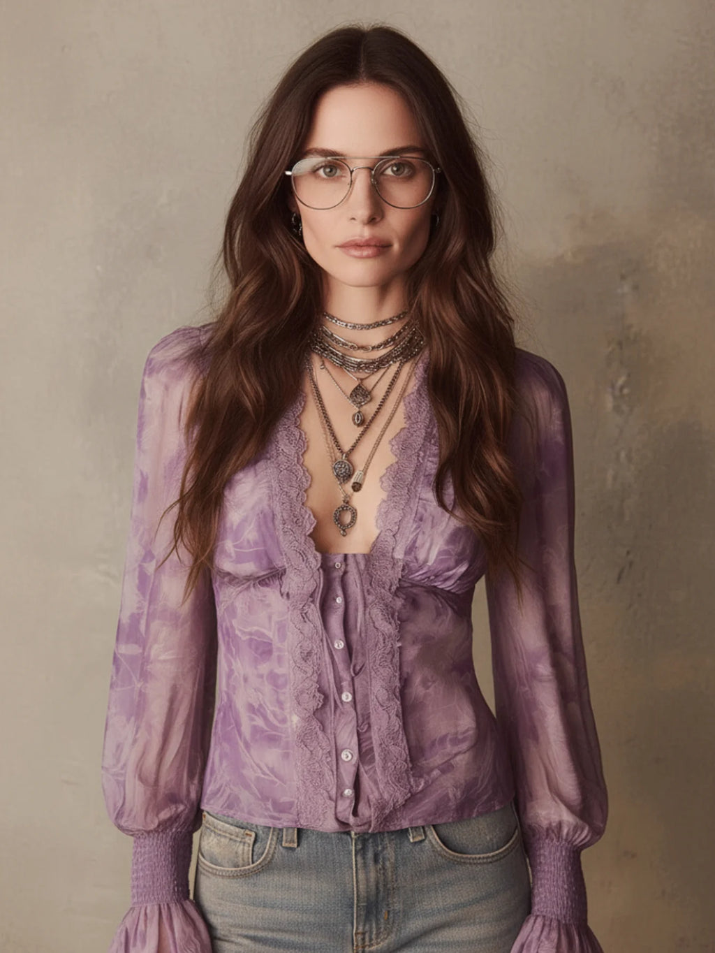 Women's V Neck Long Sleeve Blouse Tie Dye Print Smocked Flare Cuff Button Front Loose Casual Ladies Shirt