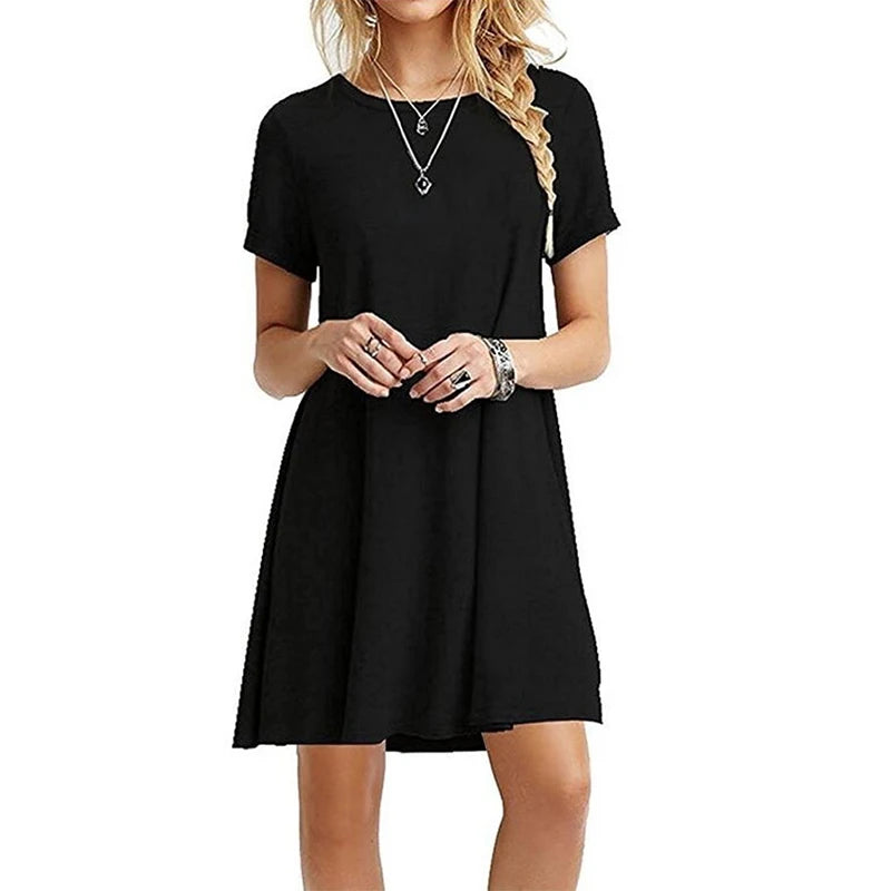 Fashion Retro Round Neck Short Sleeve Summer Beach Dress Ladies Elegant Dress Loose Ladies Dress