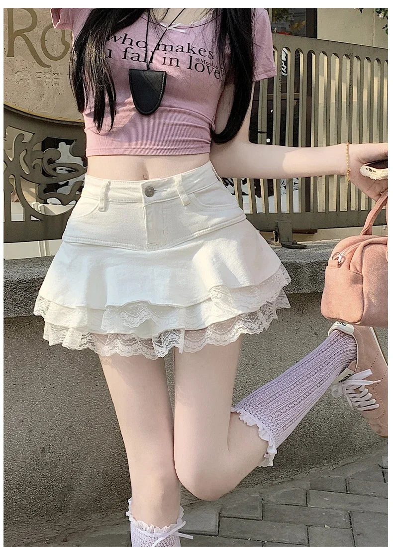 Summer Denim Skirt Women Fashion Streetwear Ruffles Kawaii Lace Skirts Shorts Preppy Mini Y2K School Pleated Jeans Skirt 2026