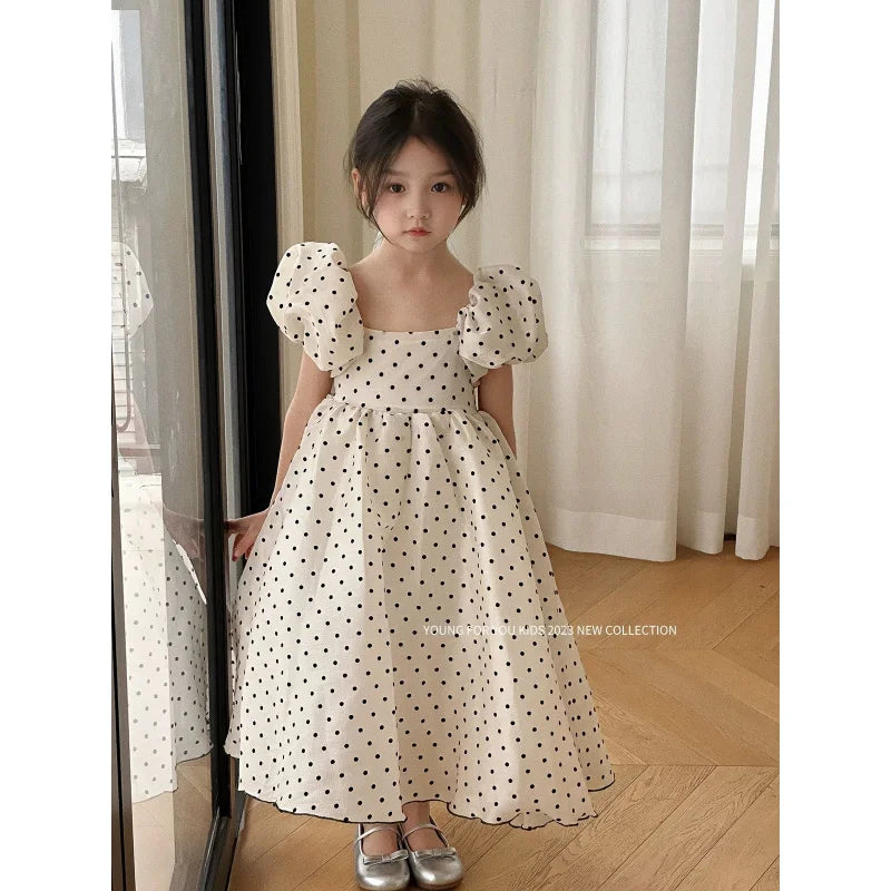 In-stock summer dress with puff sleeves for girls, princess dress for older girls, pearl gauze dress