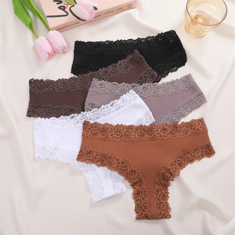 Women's Cotton Panties 5Pcs Set Floral Lace Patchwork Soft Breathable Comfort Underwear For Women Lingerie
