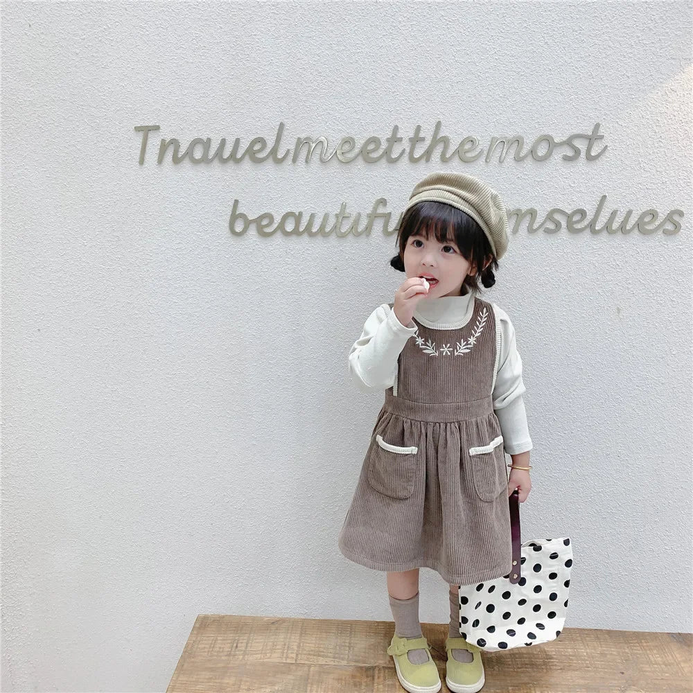 2025 Vinatge Baby Corduroy Sleeveless Dress Little Girls Sundress and Long Sleeve Tops Autumn Winter  Two Piece Set Children