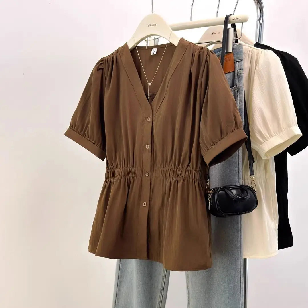 200 Pounds Plus Size Elastic Waist Office Lady Trend Shirt And Blouse Solid Color Top Women Clothing V-neck French Chic Basics