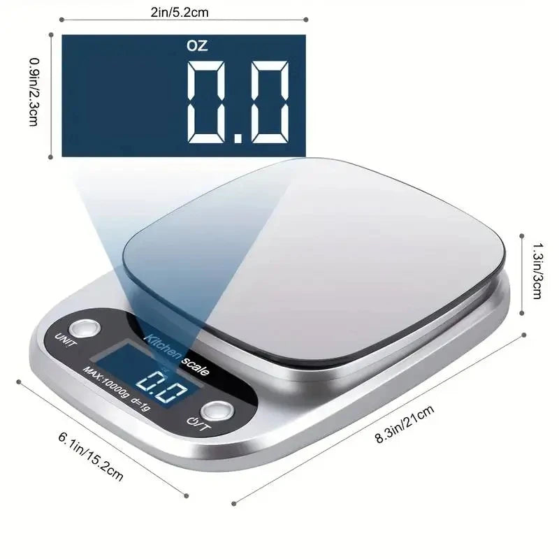 Báscula de cocina de 10 kg, báscula de cocina digital con función de tara, báscula electrónica para joyas y alimentos, pantalla LCD de acero inoxidable